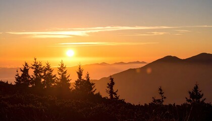sunset over layered mountain forest with silhouetted trees and glowing sky creating tranquil depth and natural majesty