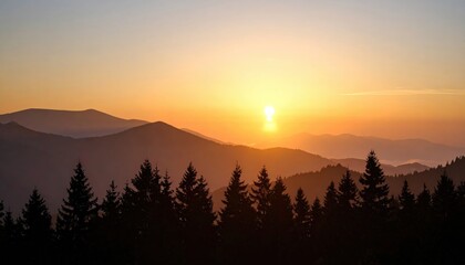 sunset over layered mountain forest with silhouetted trees and glowing sky creating tranquil depth and natural majesty