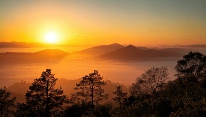 sunset over layered mountain forest with silhouetted trees and glowing sky creating tranquil depth and natural majesty