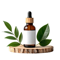 Natural Essential Oil Bottle Displayed on Wooden Slice with Lush Leaves