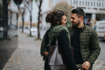 A happy couple enjoys a cozy stroll in the city, expressing love and connection while dressed...