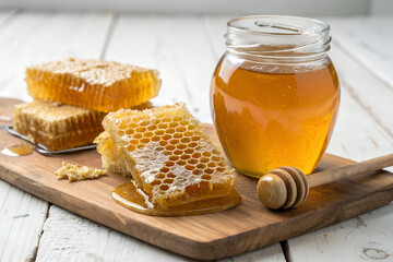 Fresh Honeycomb and Golden Honey Jar on Wooden Board