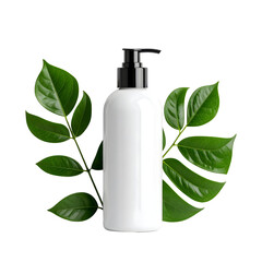 White Pump Bottle Surrounded by Lush Green Leaves