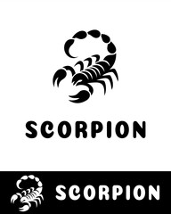 A minimalist and abstract scorpion logo in a stylized silhouette design featuring sharp claws and a curved stinger