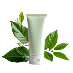 Cosmetic Tube Surrounded by Lush Green Leaves, Natural Beauty Concept.