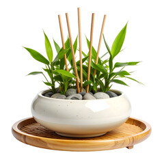 Serene Bamboo Arrangement with Smooth River Stones in a Creamy Ceramic Pot