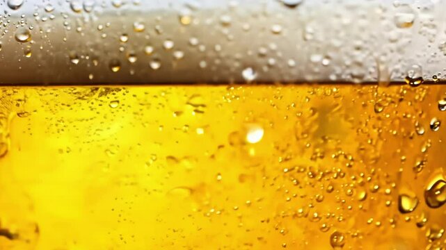 Golden amber beer with white foam head and rising bubbles captured in extreme close-up showing refreshing alcoholic beverage texture with carbonation and frothy surface detail