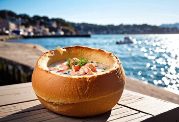 Portrait of a delicious seafood chowder served in a crusty bread bowl at the harborside