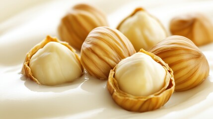 Hazelnuts in cream, close-up, food photography, white background, recipe