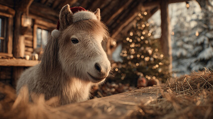Fototapeta premium A horse wearing a Santa hat. A horse in a farmer's stall. The horse is in the city. New Year's Eve 2026. Christmas.