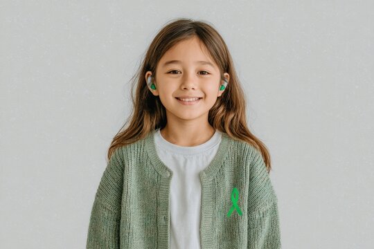 young girl wearing a bone conduction hearing aid with confidence and a soft green ribbon symbolize of microtia