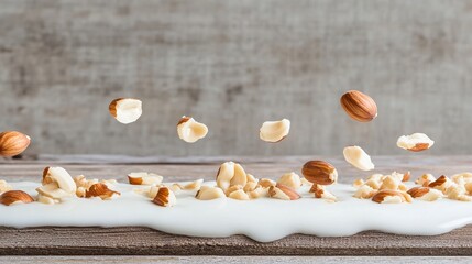 Hazelnuts falling into milk, wooden background, food photography