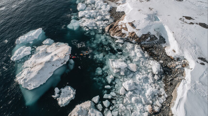 breathtaking aerial view of ocean surfaces bordered by pristine ice shores and majestic icebergs