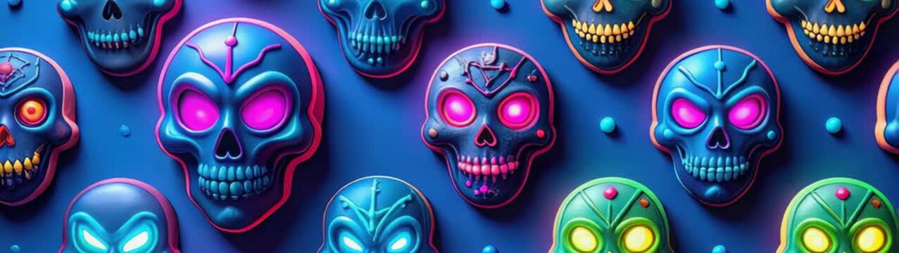 Many decorated skulls with glowing eyes are forming a seamless pattern on a blue background.