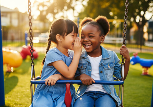 Two Happy, Diverse Little Girls Sharing a Secret and Laughing on a Playground Swing Set During Recess - Powered by Adobe
