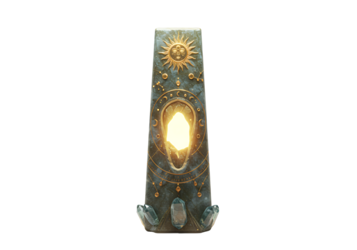 A stone obelisk adorned with celestial symbols housing a luminous crystal