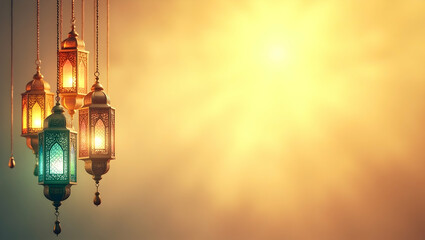 Islamic background with warm glowing light and left side lanterns perfect for milad un nabi celebration graphics