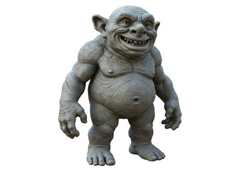 A stone troll figure stands smiling set against a black backdrop Muscular build and grinning face define its character