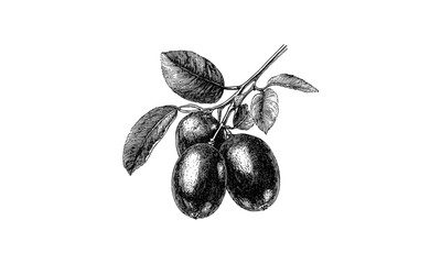 Retro engraving Indian jujube fruit, vintage botanical illustration, detailed hand-drawn sketch in black ink, antique healthy food art, classic herbal fruit decor, old-style fruit print