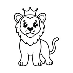 cute lion cub with crown black and white outline