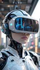 “Futuristic Humanoid Robot with Visor Standing in Urban City Environment at Night”