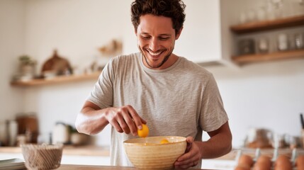 A youthful man in a minimalist kitchen environment enthusiastically preparing a healthy breakfast as he breaks an egg into a large ceramic bowl highlighting an active lifestyle.