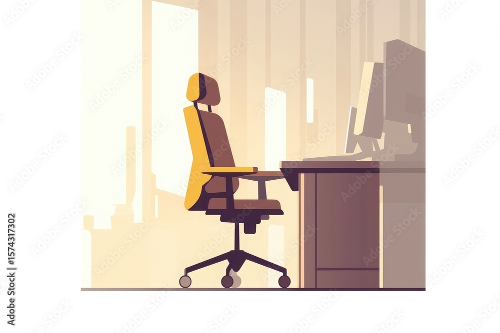 Fototapete office chair in front of a desk with a computer on it. the room is well lit, representing a work env