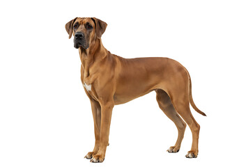 A tan dog standing on a black background facing left with a small white patch on its chest