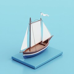 Isometric Illustration of a Classic Wooden Sailboat on Water