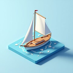 Isometric Illustration of a Classic Wooden Sailboat on Water