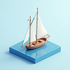 Isometric Illustration of a Classic Wooden Sailboat on Water