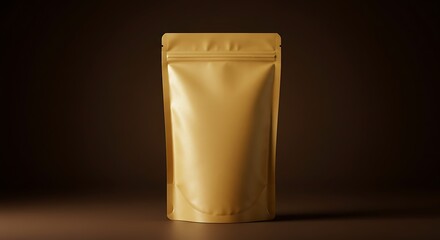 A golden, blank, upright pouch stands against a dark, gradient brown background, showcasing its design.