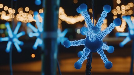 Illuminated snowflakes glow in city night, festive bokeh