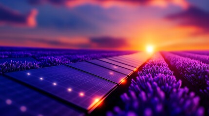 A solar panel array is set amidst a vibrant lavender field, capturing sunlight under a colorful sunset sky.