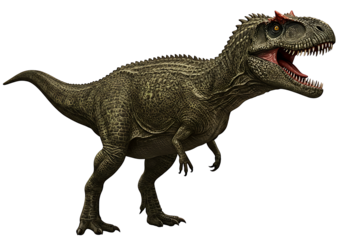 A theropod dinosaur olive green with a bumpy texture stands with its mouth open It has red crests above its eyes