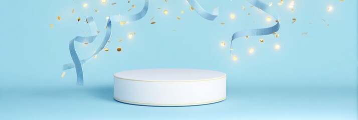 3d white podium with flowing blue silk ribbons and golden confetti on pastel background elegant circular platform with sparkling particles and floating streamers for celebration or product display