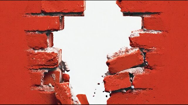 Breaking Through: A vibrant red brick wall dramatically breaks apart, revealing a stark white void beyond.