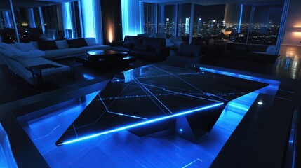Futuristic coffee table, city view, night, penthouse, tech
