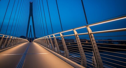 Obraz premium Modern illuminated cable stayed pedestrian bridge walkway at dusk with deep blue sky