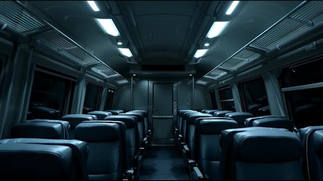 Empty Train Interior: A chilling view inside a train carriage, devoid of passengers, presenting an eerily desolate atmosphere enhanced by cold blue lighting and symmetrical design.