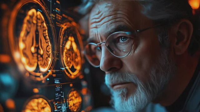 Focused Neuroscientist: An intense close-up of a senior neuroscientist, his gaze fixed on brain scan images, reveals a lifetime of dedication to unraveling the mysteries of the human mind.