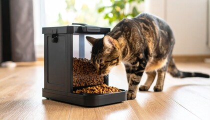 Cat eating food from automatic feeder
