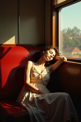 Woman in dress sleeping near train window in sunlight
