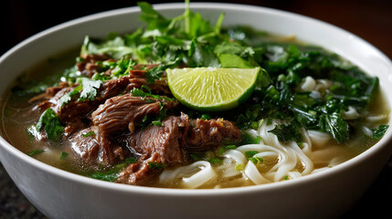 Vietnamese beef pho with rice noodles, fresh herbs and lime wedge in white bowl

