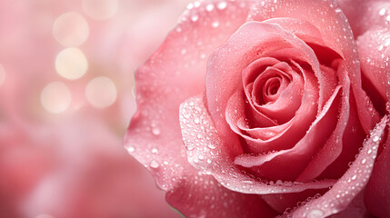 Close-up of a pink rose with water droplets. 