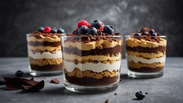 Layered dessert Trifles in a transparent glass. Sponge biscuit and three chocolate mousse layers. Chocolate souffle trifle cake in individual disposable transparent cups. White ... See More