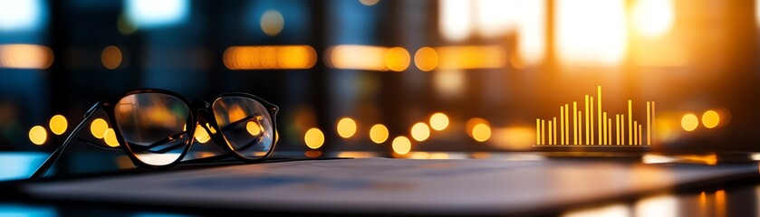 A pair of eyeglasses rests on a desk with blurred city lights and a digital bar graph glowing in the background at sunset.