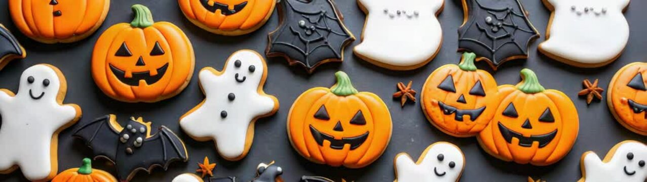 Halloween themed cookies featuring smiling pumpkins and friendly ghosts, arranged with black bats.