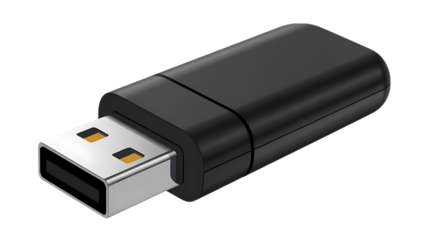 Photo of a black usb flash drive isolated on transparent background