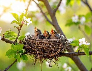 bird nest with eggs Baby bird in a bird's nest located in a tree 